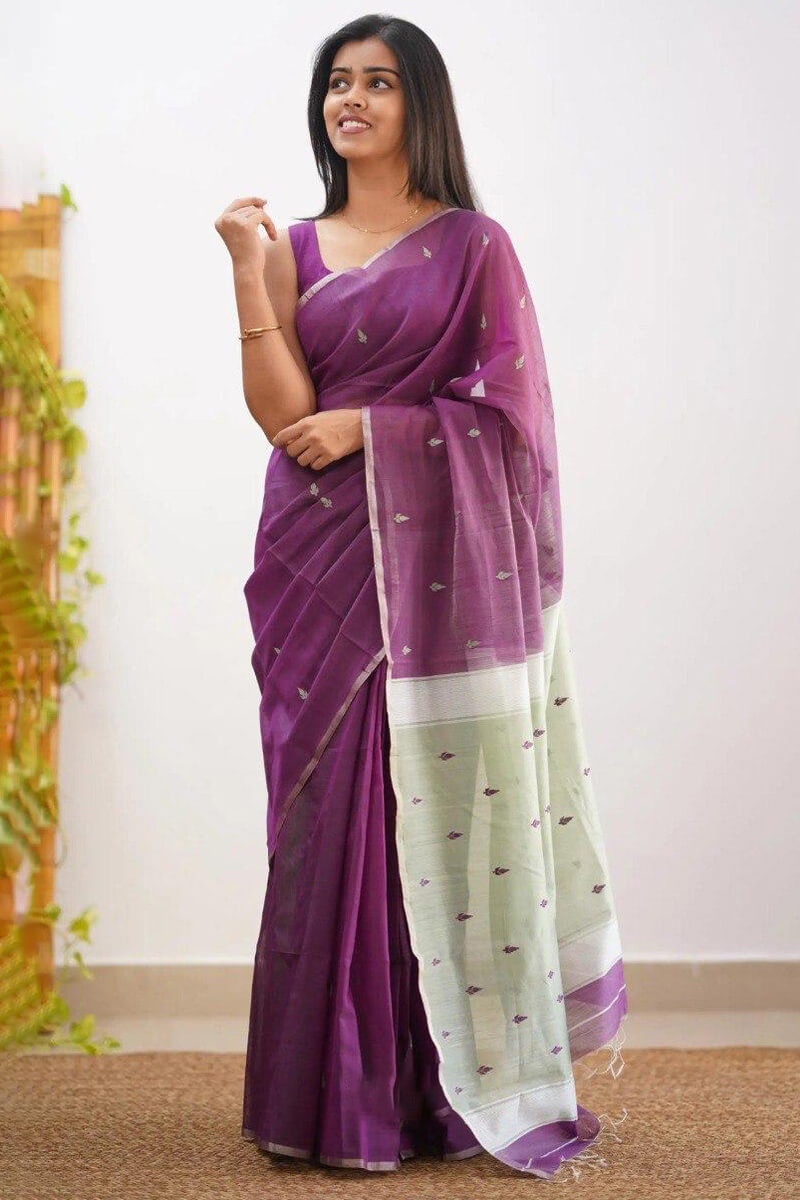 Traditional Purple Cotton Silk Saree With Panache Blouse Piece