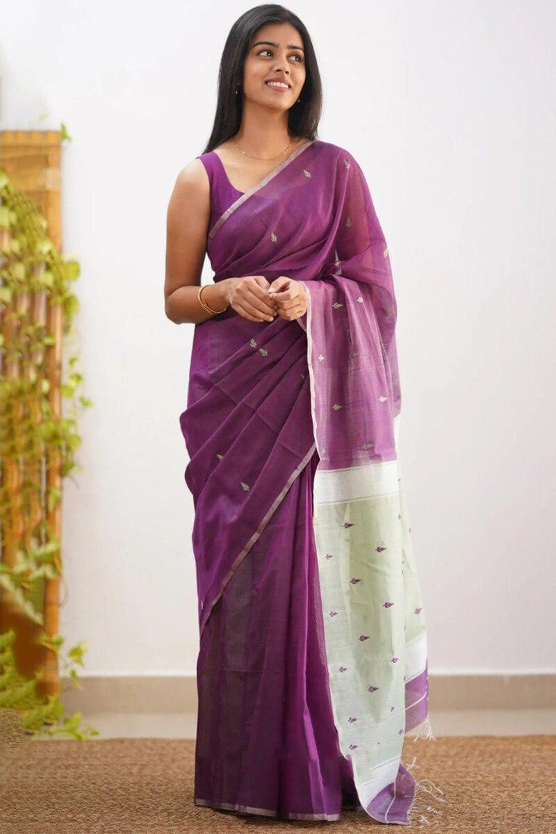 Traditional Purple Cotton Silk Saree With Panache Blouse Piece