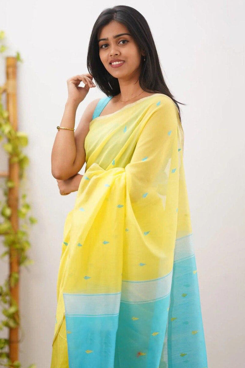 Ideal Yellow Cotton Silk Saree With Prettiest Blouse Piece