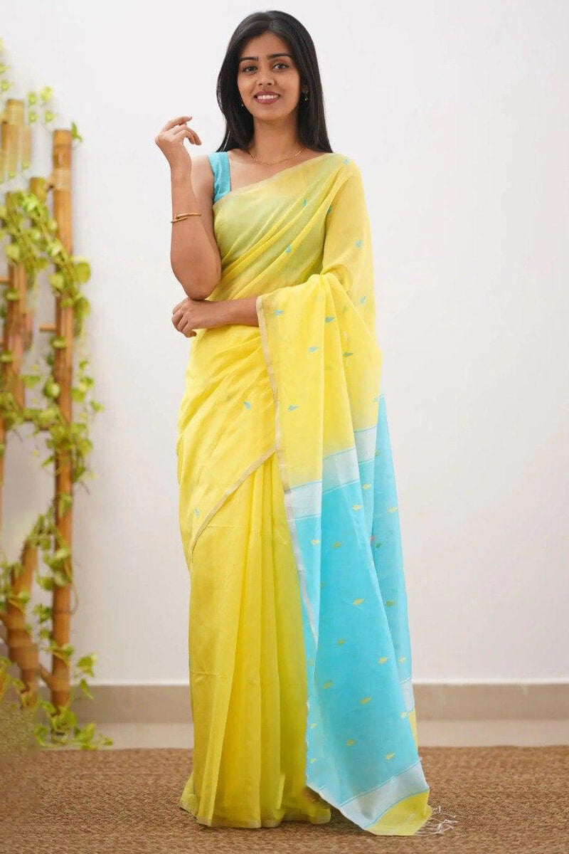 Ideal Yellow Cotton Silk Saree With Prettiest Blouse Piece