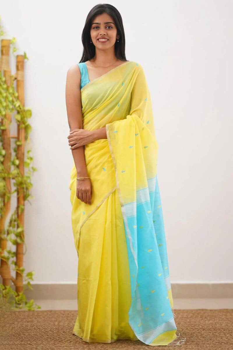 Ideal Yellow Cotton Silk Saree With Prettiest Blouse Piece