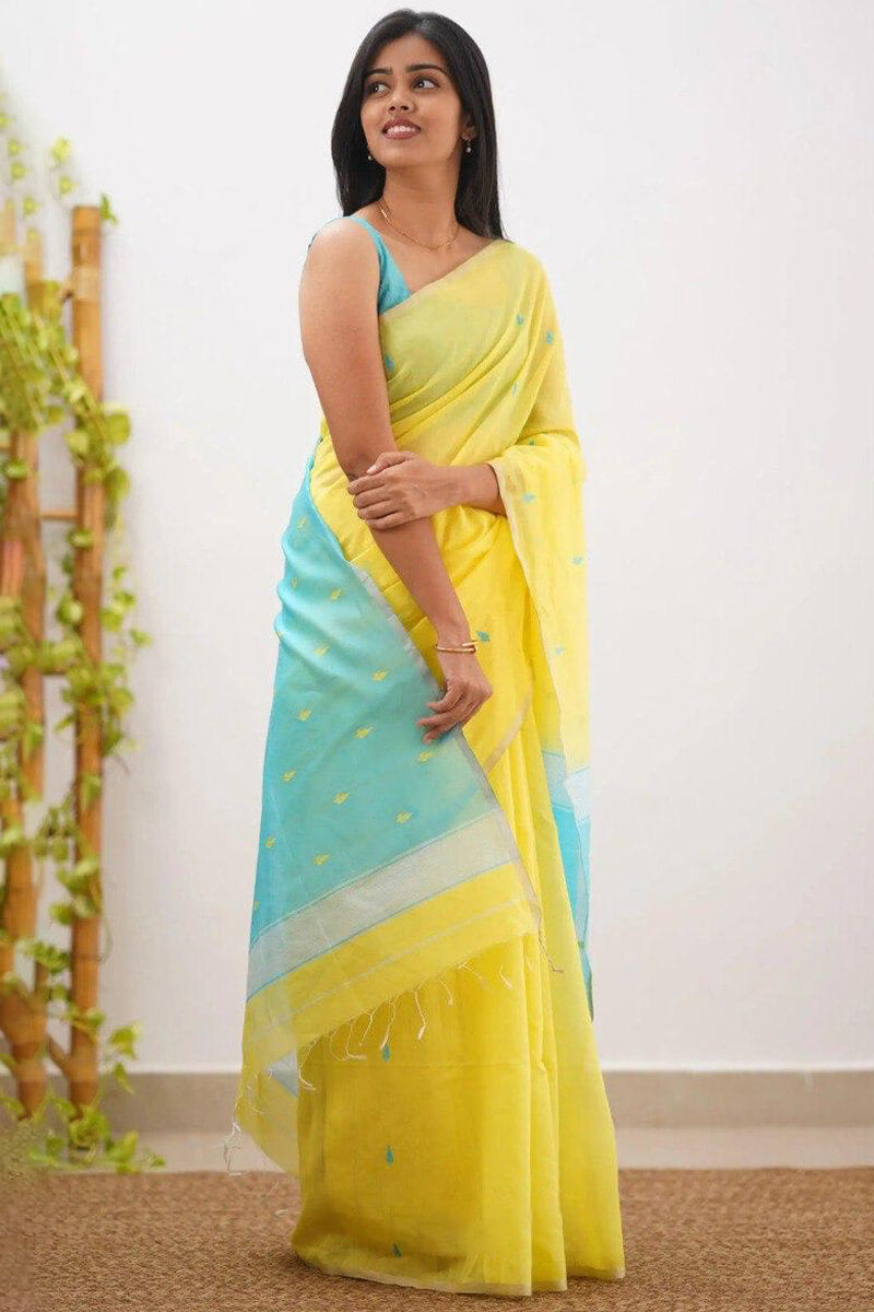 Ideal Yellow Cotton Silk Saree With Prettiest Blouse Piece