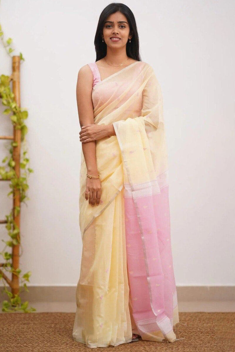Elegant Yellow Cotton Silk Saree With Energetic Blouse Piece