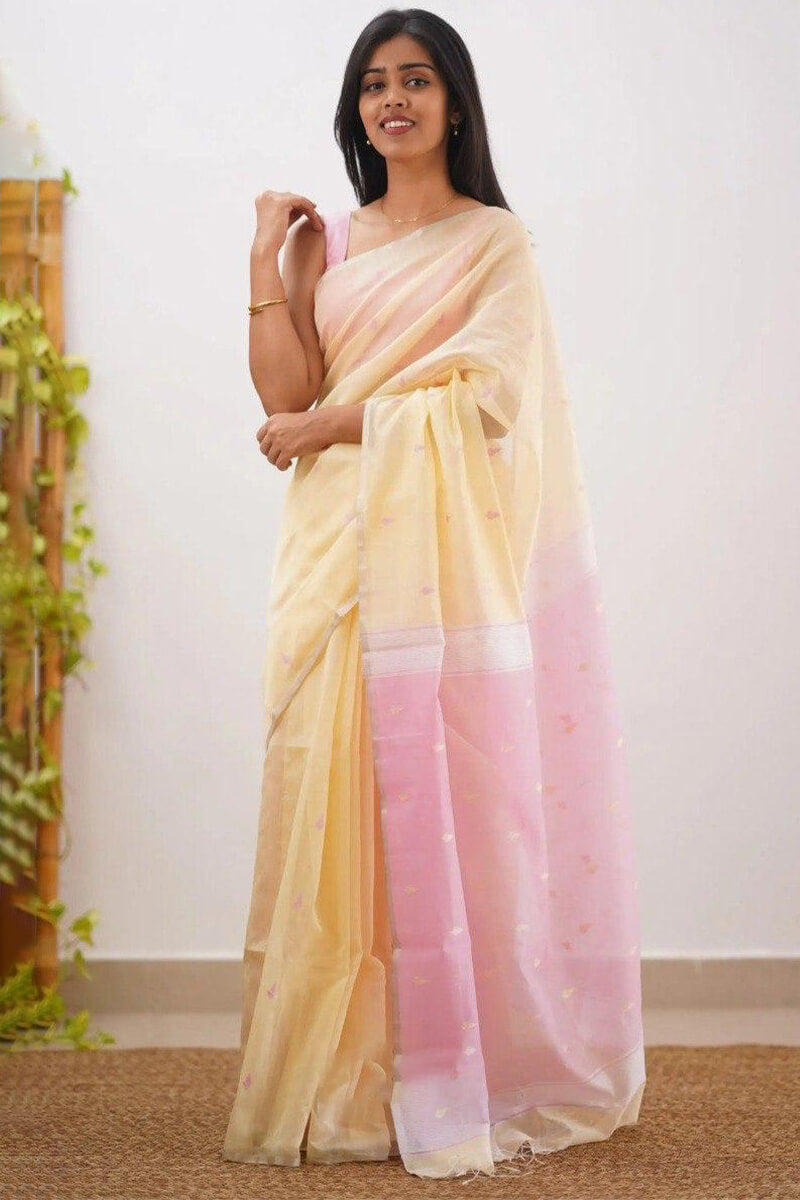 Elegant Yellow Cotton Silk Saree With Energetic Blouse Piece