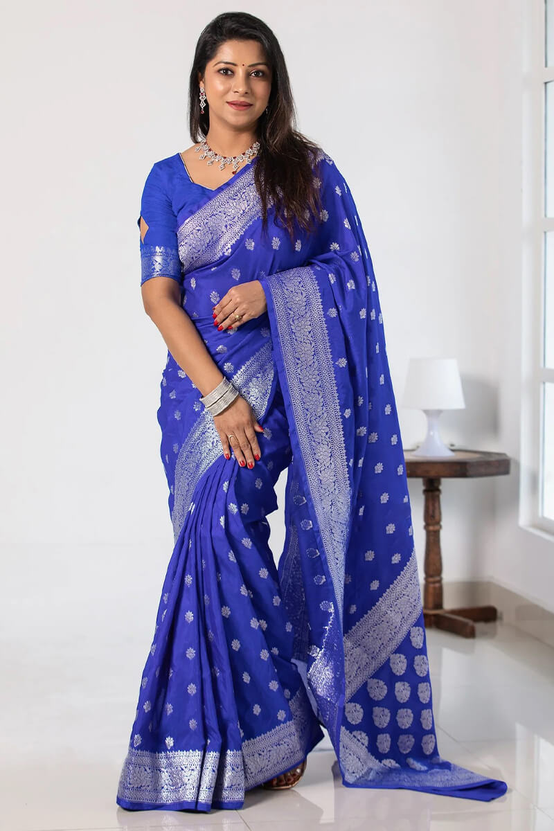 Magnetic Blue Soft Silk Saree With Cynosure Blouse Piece
