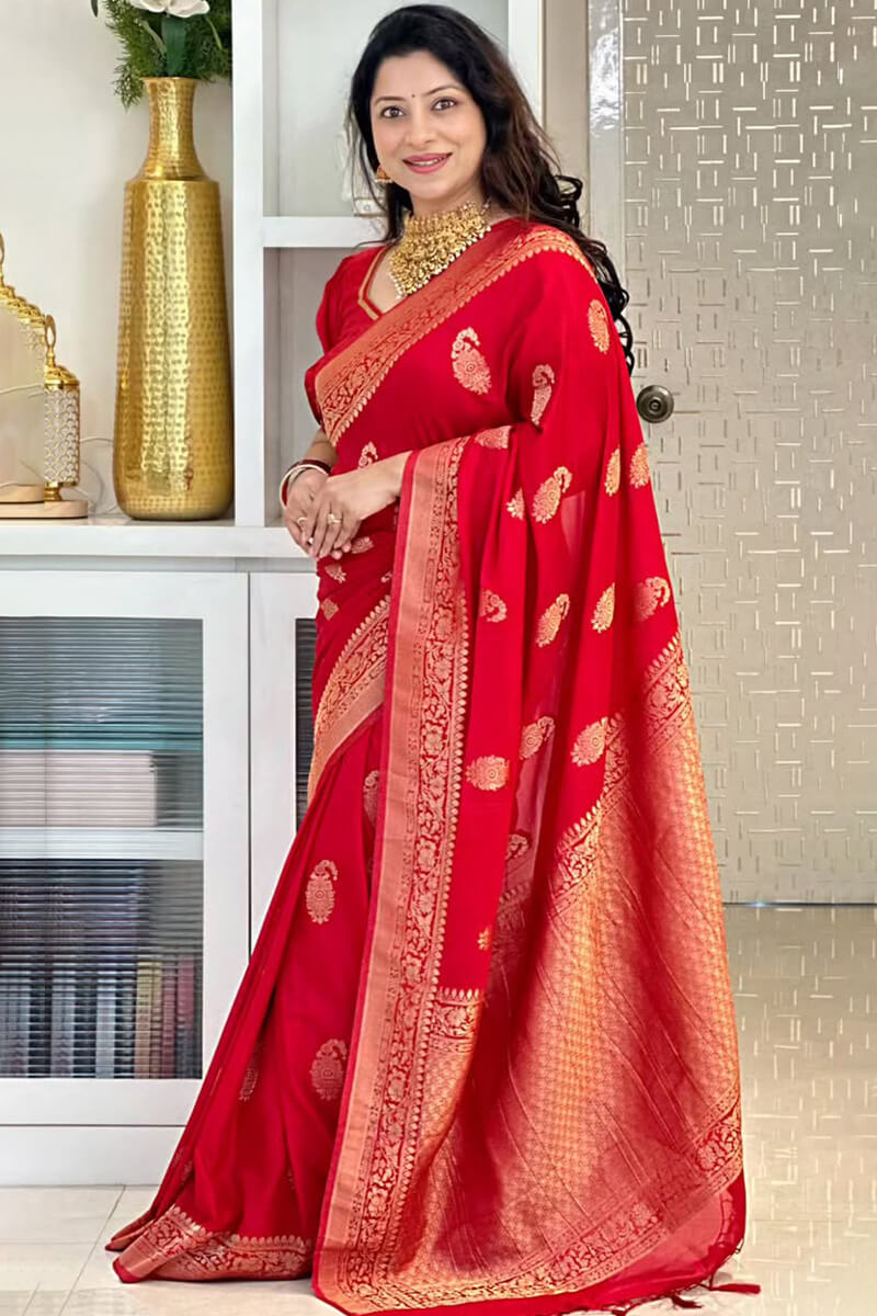 Fragrant Red Soft Silk Saree With Scrupulous Blouse Piece