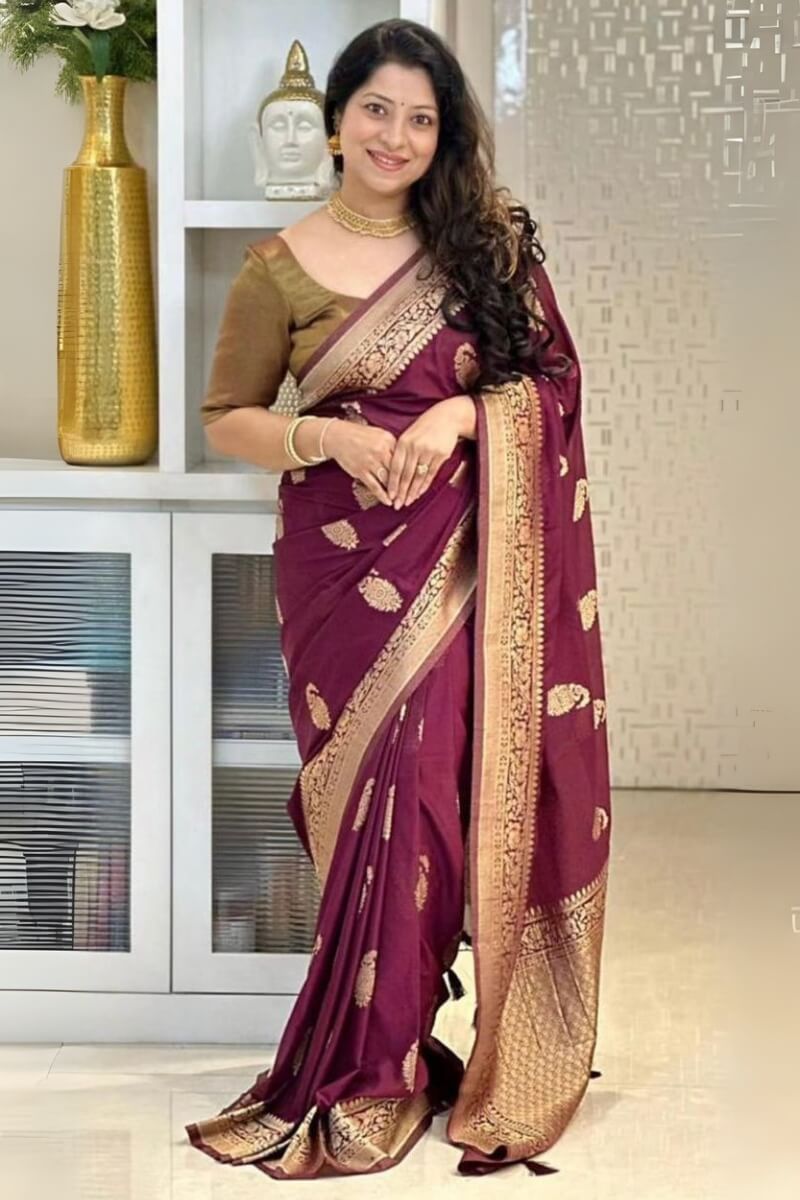 Enthralling Wine Soft Silk Saree With Forbearance Blouse Piece