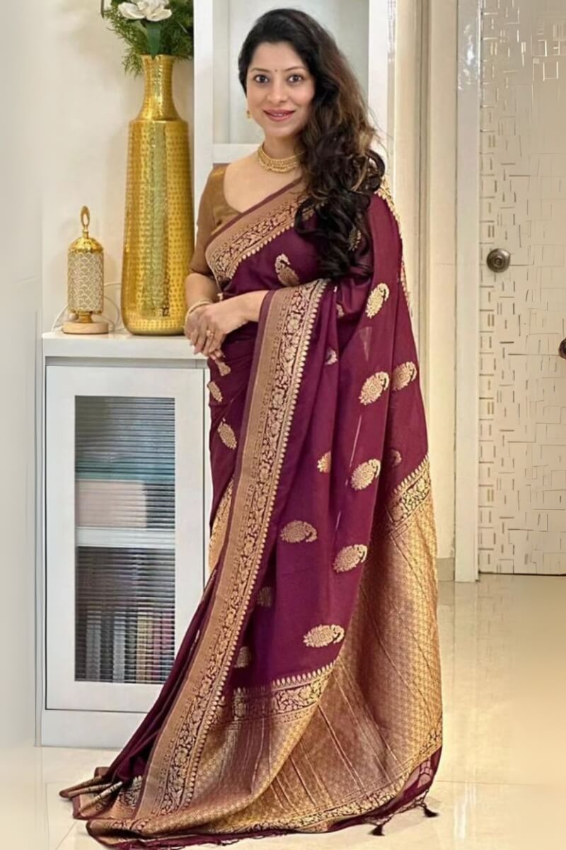 Enthralling Wine Soft Silk Saree With Forbearance Blouse Piece