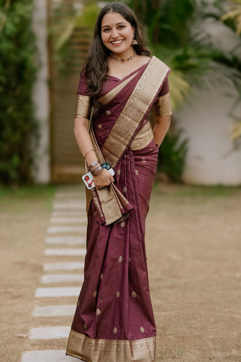 Girlish Wine Soft Silk Saree With Sensational Blouse Piece
