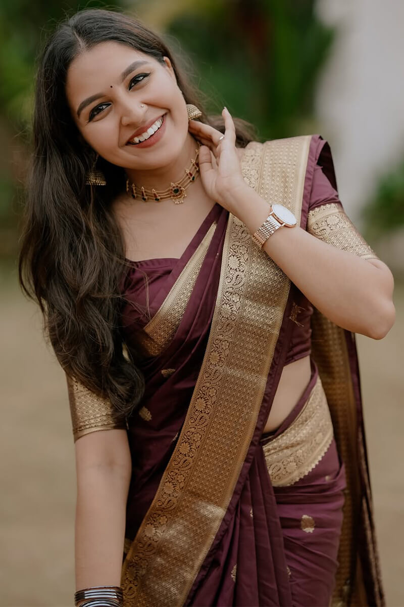 Girlish Wine Soft Silk Saree With Sensational Blouse Piece