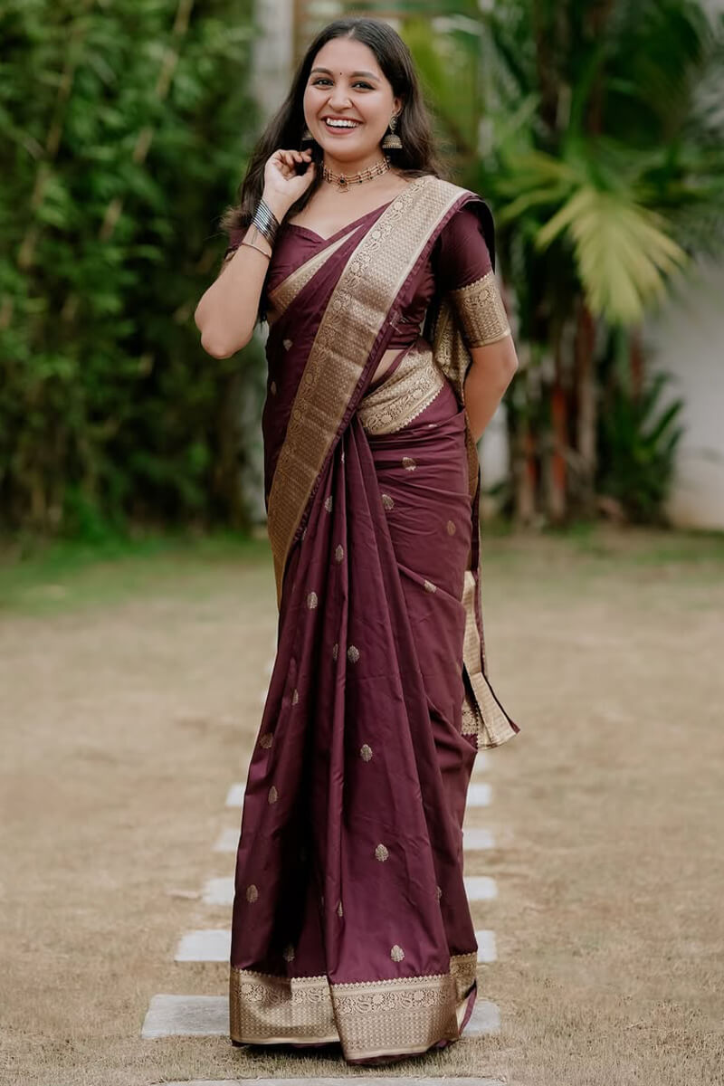 Girlish Wine Soft Silk Saree With Sensational Blouse Piece