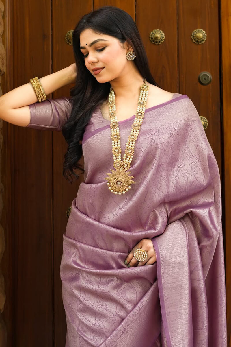 Sophisticated Lavender Soft Silk Saree With Serendipity Blouse Piece