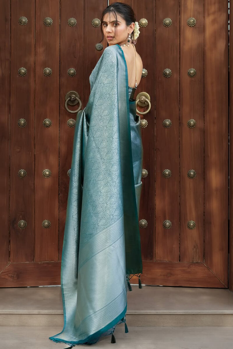 Opulent Rama Soft Silk Saree With Gorgeous Blouse Piece