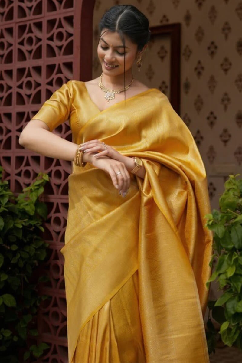 Moiety Yellow Soft Silk Saree With Rhapsodic Blouse Piece