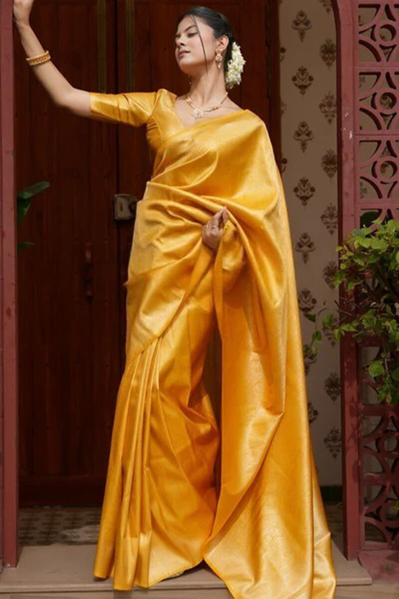 Moiety Yellow Soft Silk Saree With Rhapsodic Blouse Piece