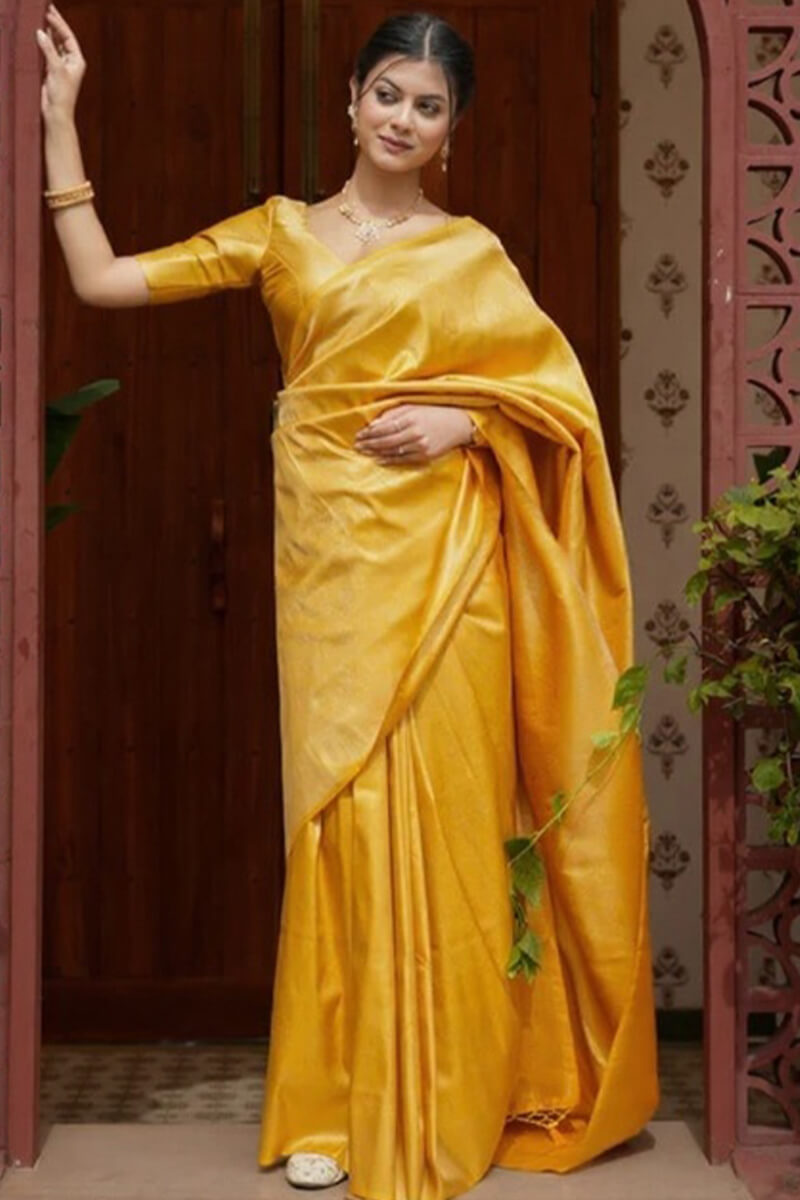 Moiety Yellow Soft Silk Saree With Rhapsodic Blouse Piece