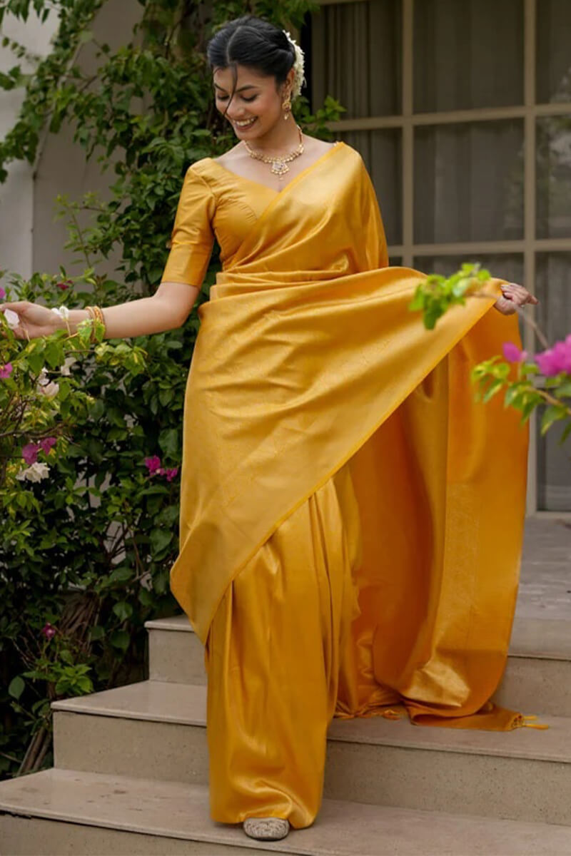 Moiety Yellow Soft Silk Saree With Rhapsodic Blouse Piece