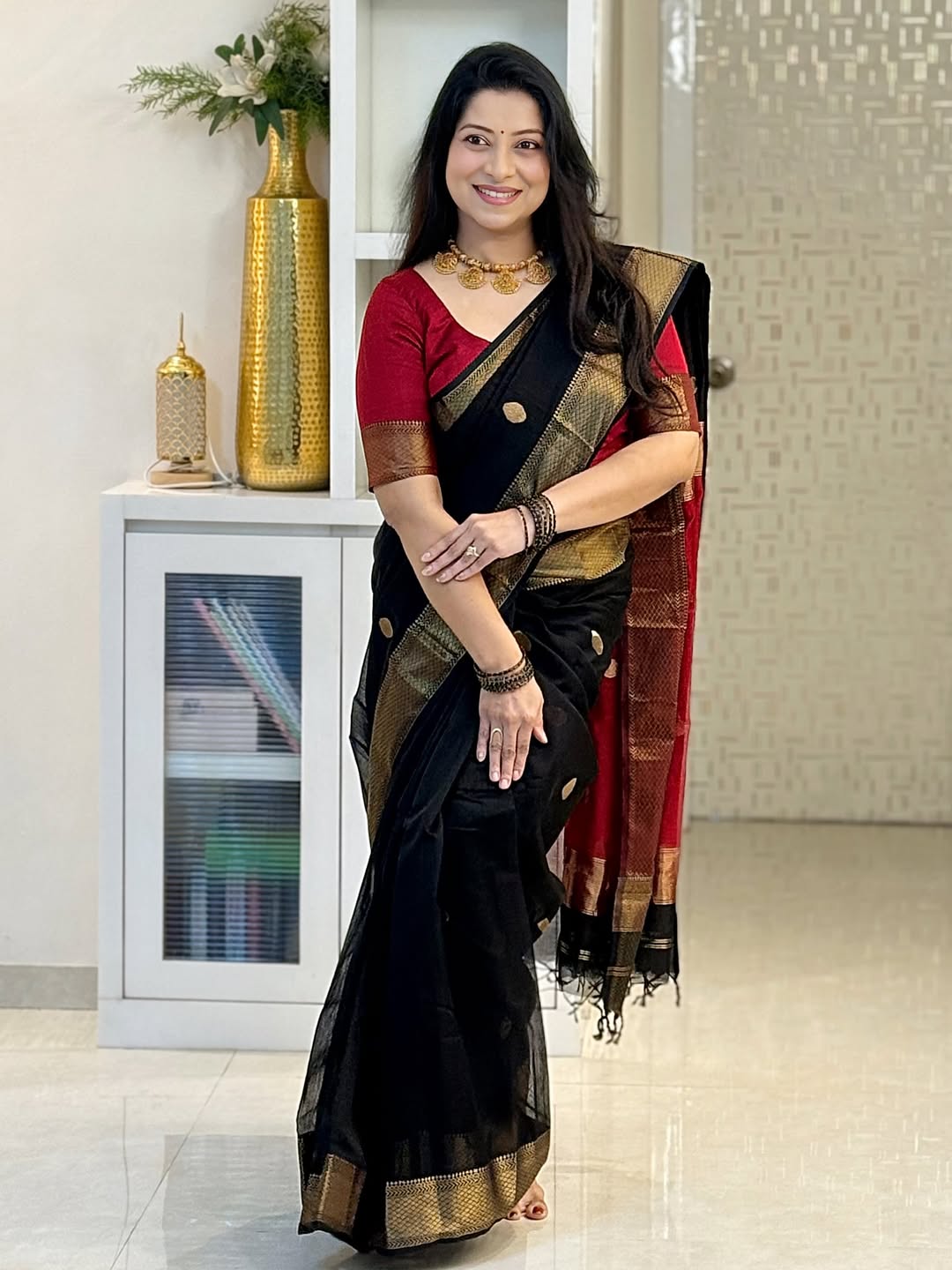 Ratatouille Black Cotton Silk Saree With Jazzy Blouse Piece