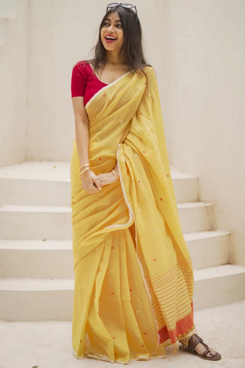 Charming Yellow Cotton Silk Saree With Marvellous Blouse Piece