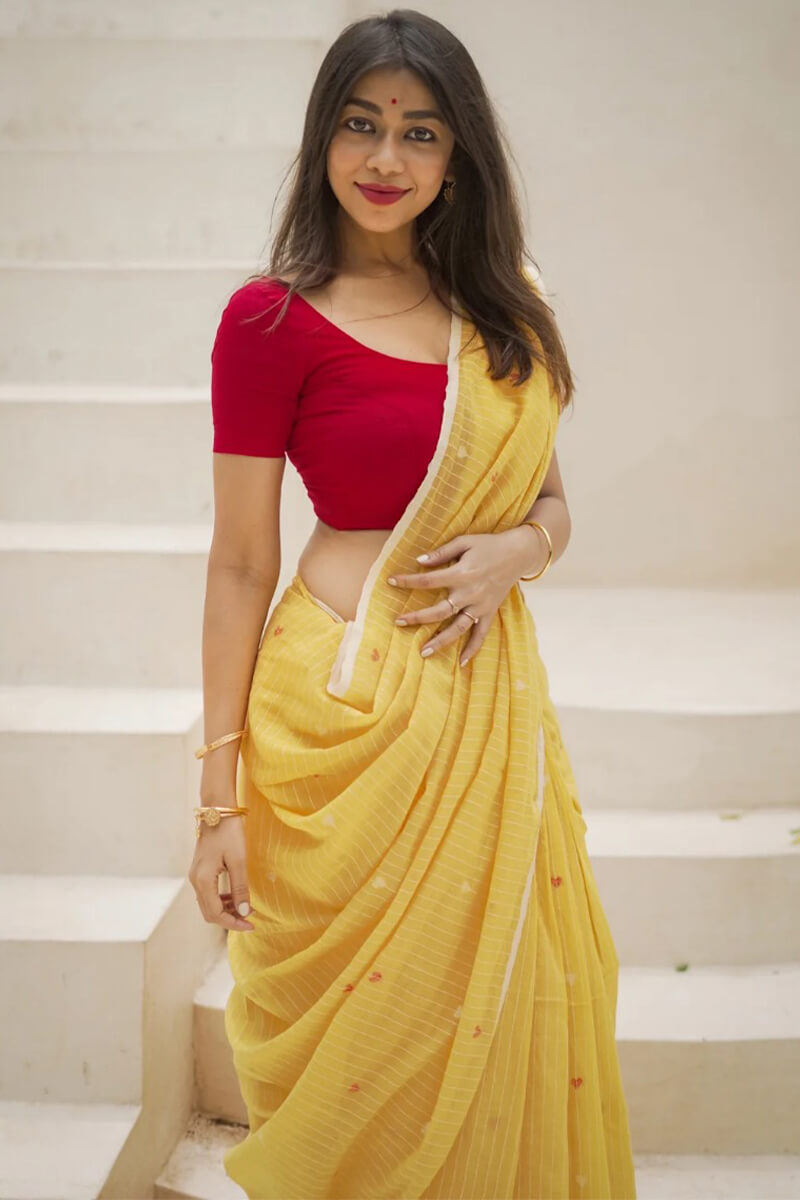 Charming Yellow Cotton Silk Saree With Marvellous Blouse Piece
