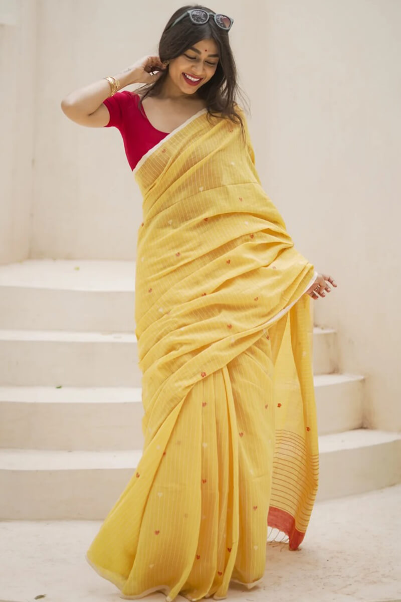 Charming Yellow Cotton Silk Saree With Marvellous Blouse Piece
