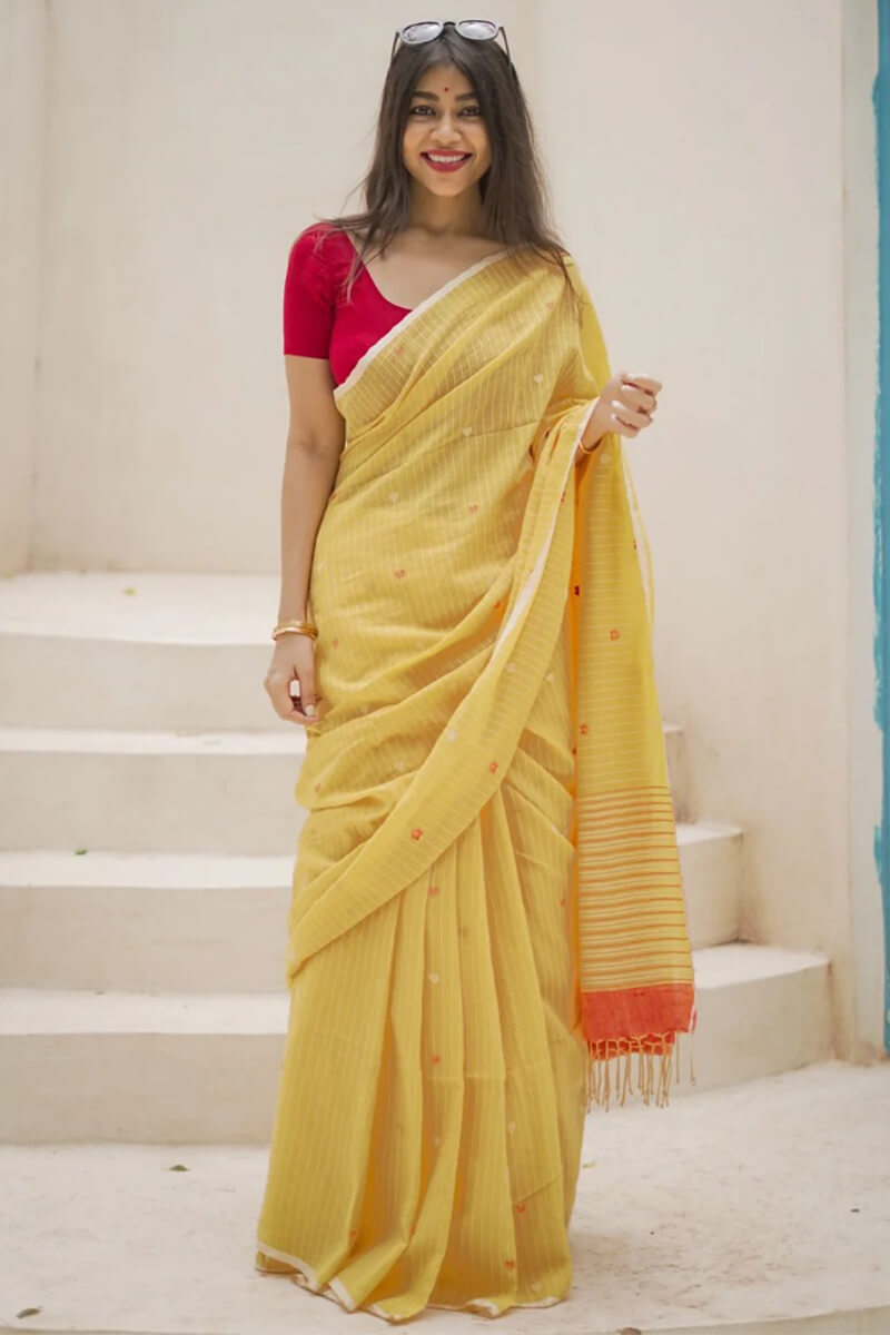 Charming Yellow Cotton Silk Saree With Marvellous Blouse Piece