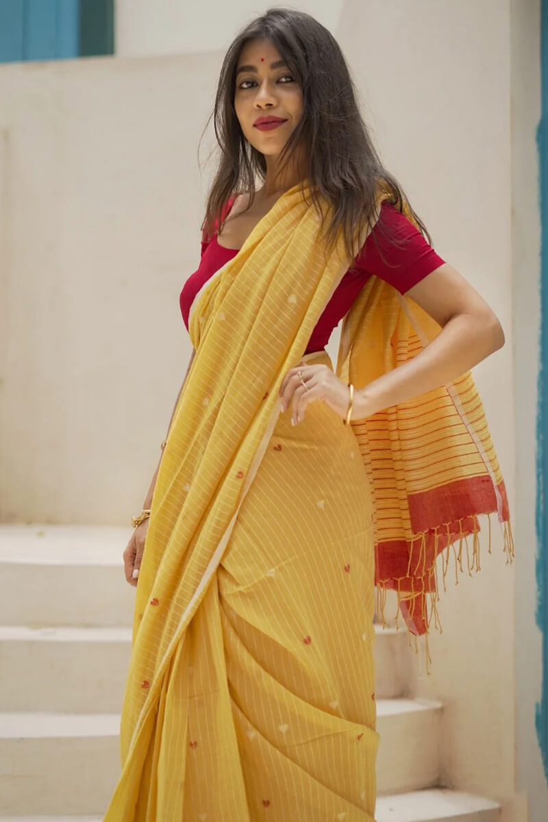 Charming Yellow Cotton Silk Saree With Marvellous Blouse Piece