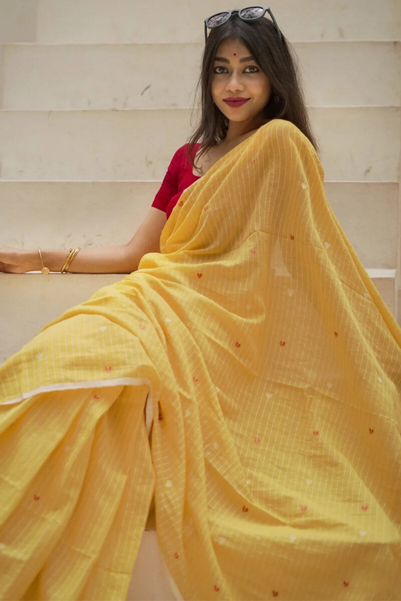 Charming Yellow Cotton Silk Saree With Marvellous Blouse Piece