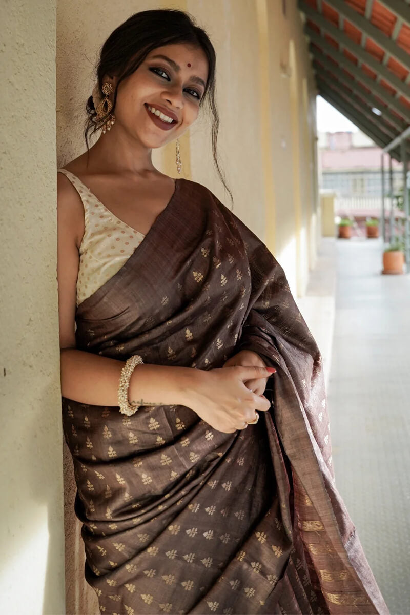Glittering Brown Soft Silk Saree With Mesmeric Blouse Piece