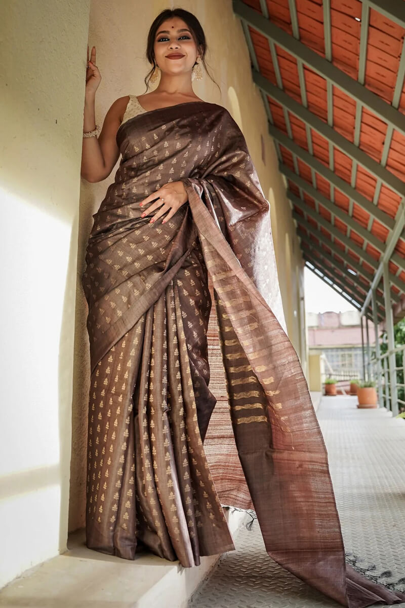 Glittering Brown Soft Silk Saree With Mesmeric Blouse Piece
