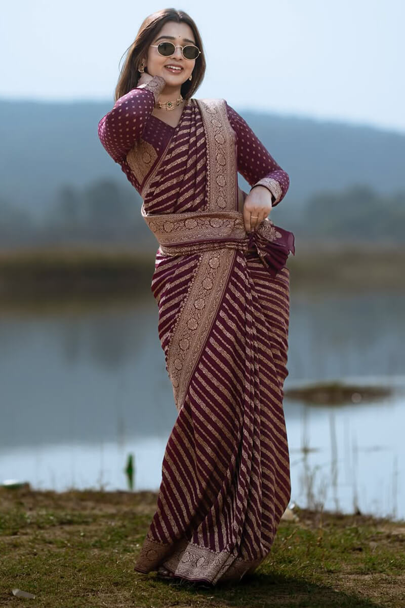 Exceptional Wine Soft Silk Saree With Ratatouille Blouse Piece