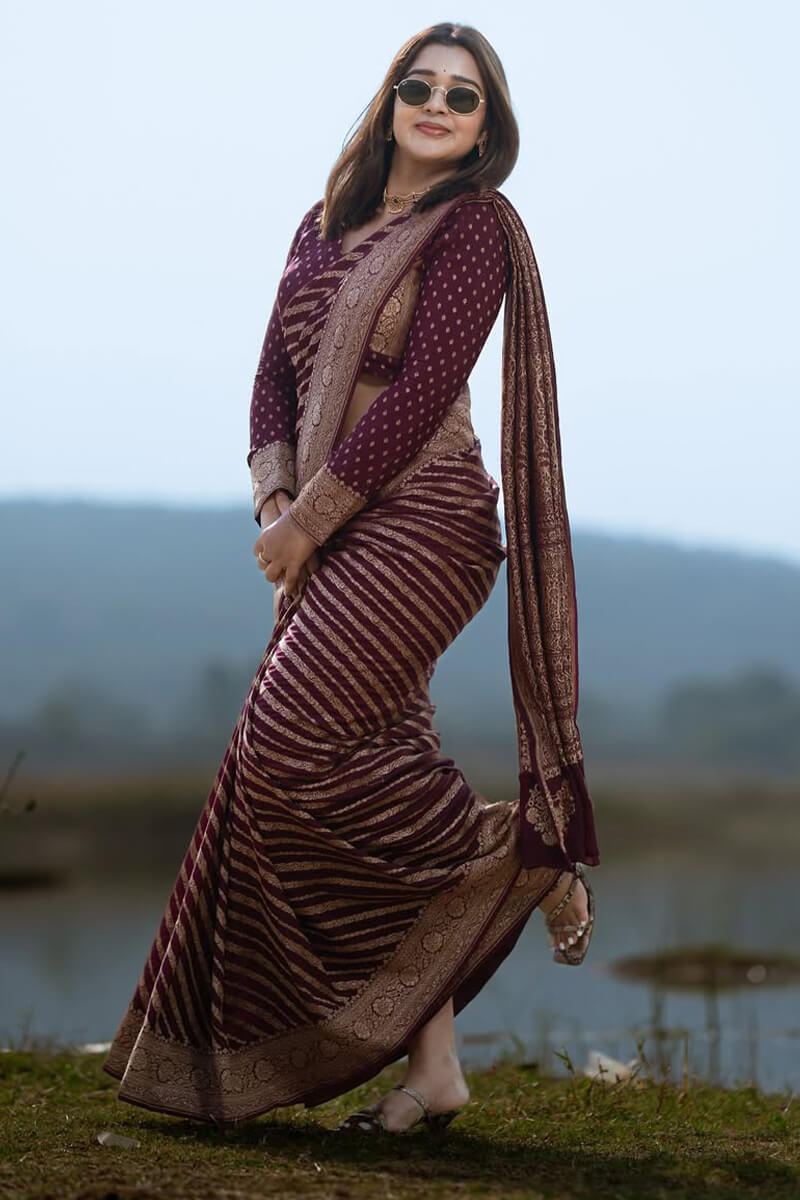 Exceptional Wine Soft Silk Saree With Ratatouille Blouse Piece