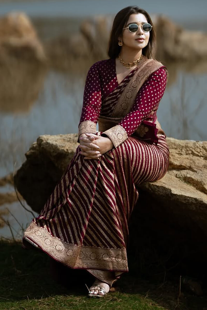 Exceptional Wine Soft Silk Saree With Ratatouille Blouse Piece