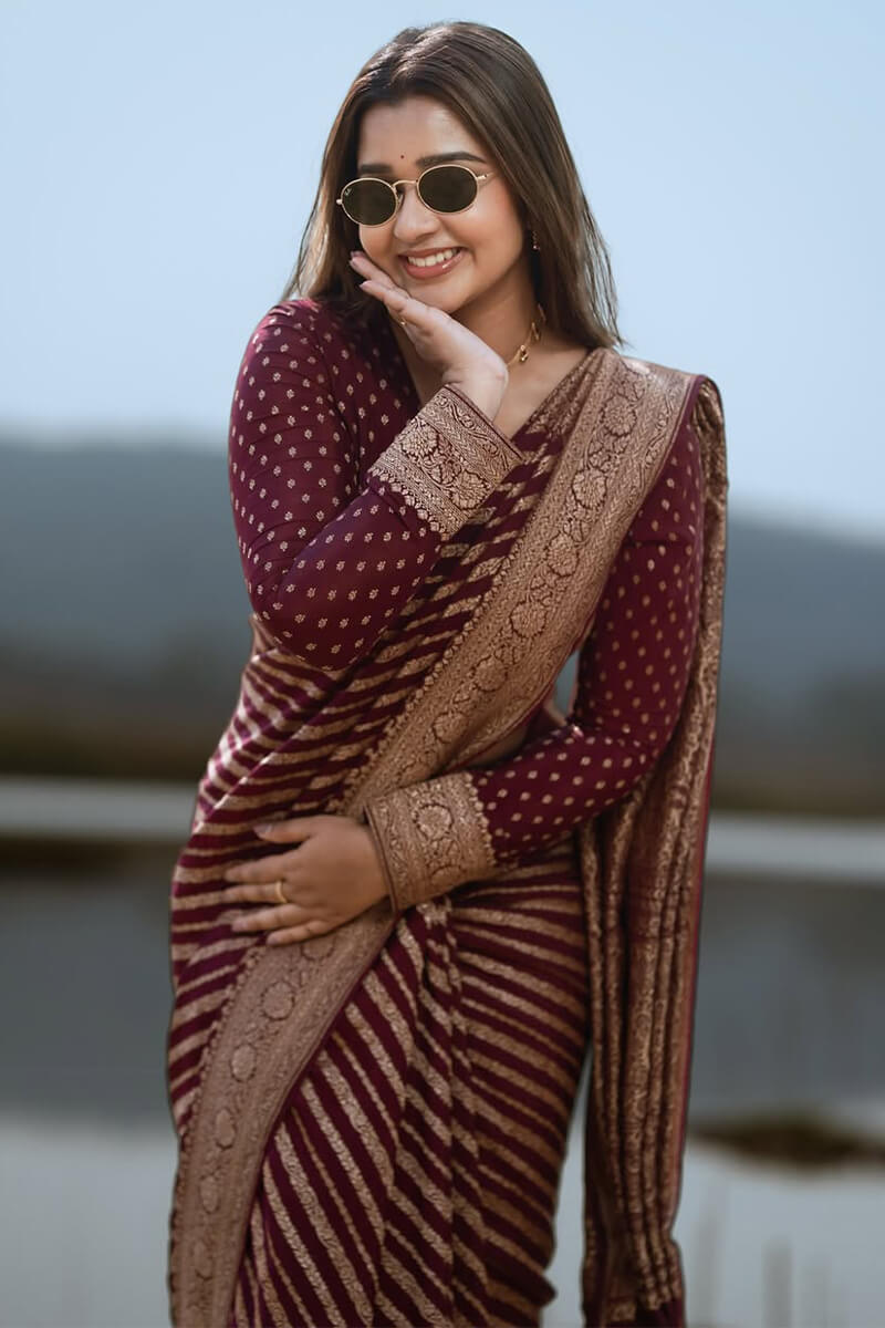 Exceptional Wine Soft Silk Saree With Ratatouille Blouse Piece