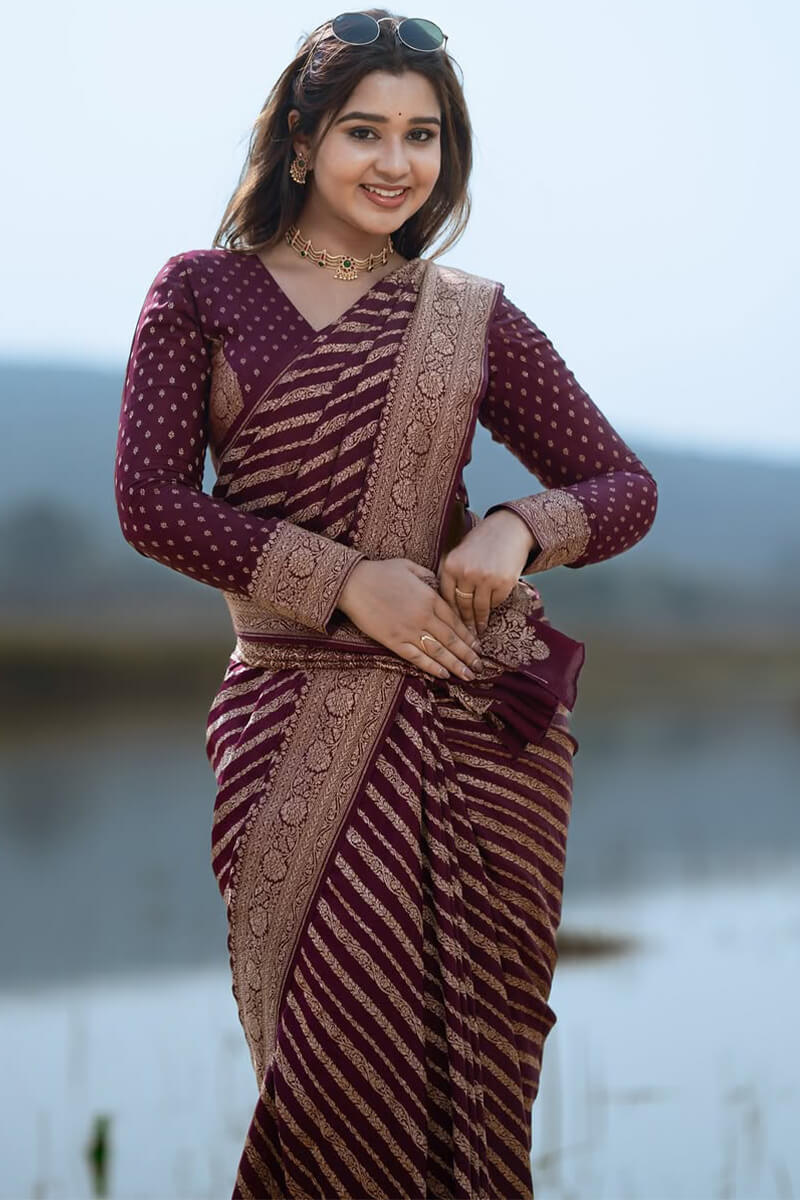 Exceptional Wine Soft Silk Saree With Ratatouille Blouse Piece