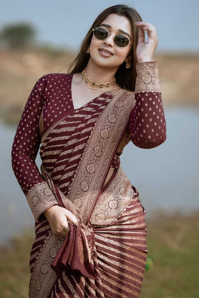 Exceptional Wine Soft Silk Saree With Ratatouille Blouse Piece