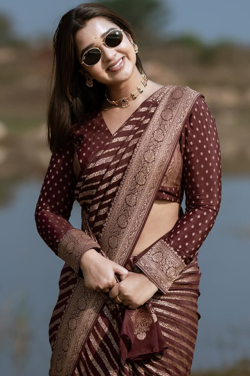 Exceptional Wine Soft Silk Saree With Ratatouille Blouse Piece