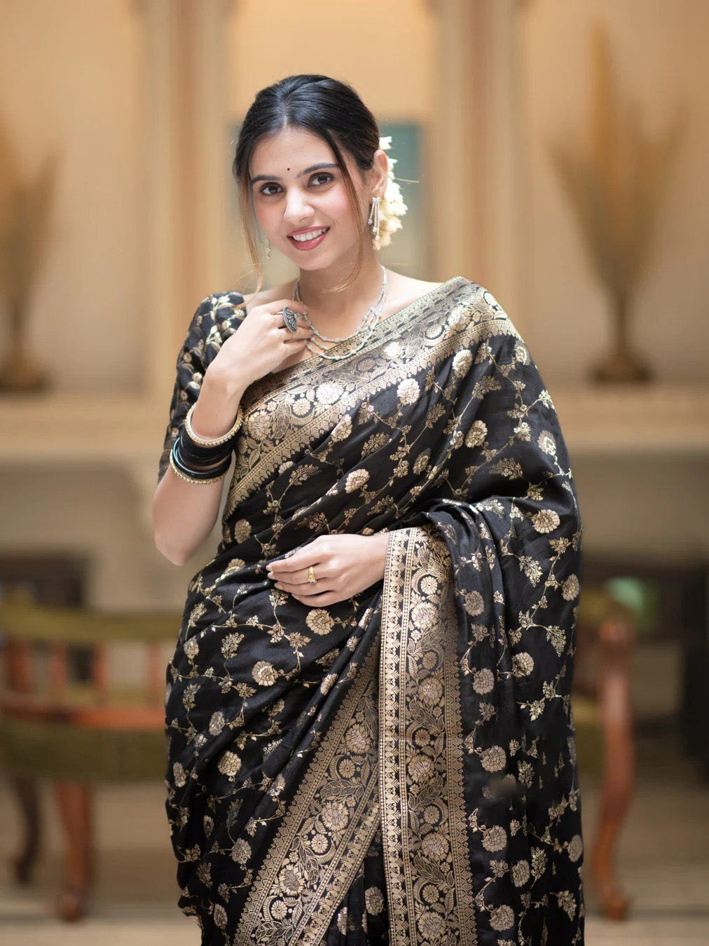 Whimsical Black Soft Silk Saree With Jazzy Blouse Piece