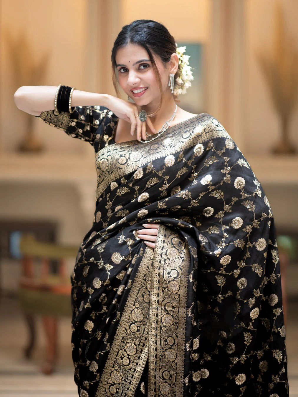 Whimsical Black Soft Silk Saree With Jazzy Blouse Piece