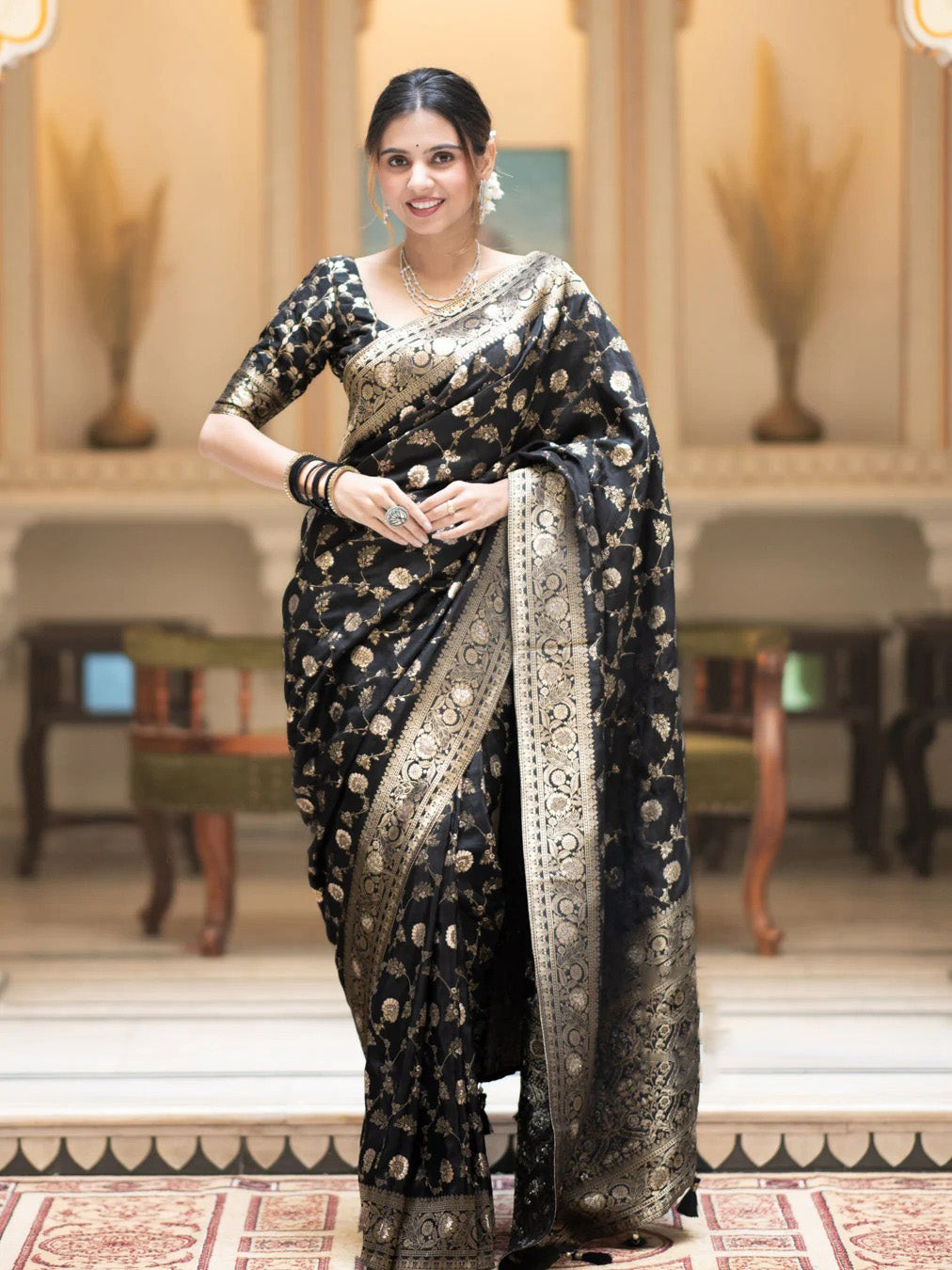 Whimsical Black Soft Silk Saree With Jazzy Blouse Piece