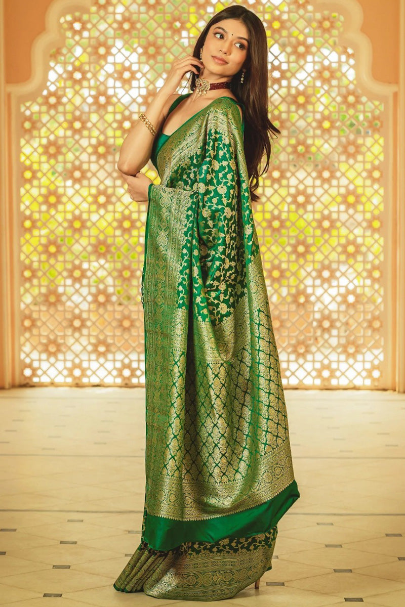 Jubilant Green Soft Silk Saree With Blooming Blouse Piece