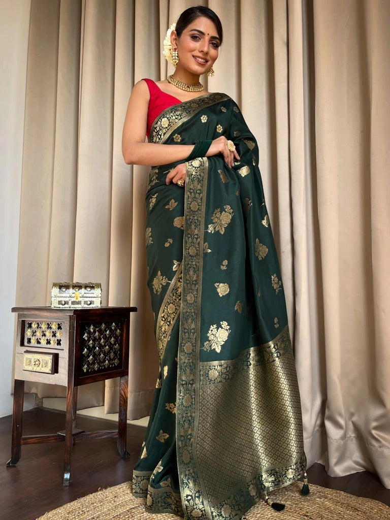 Ephemeral Dark Green Soft Silk Saree With Elegant Blouse Piece