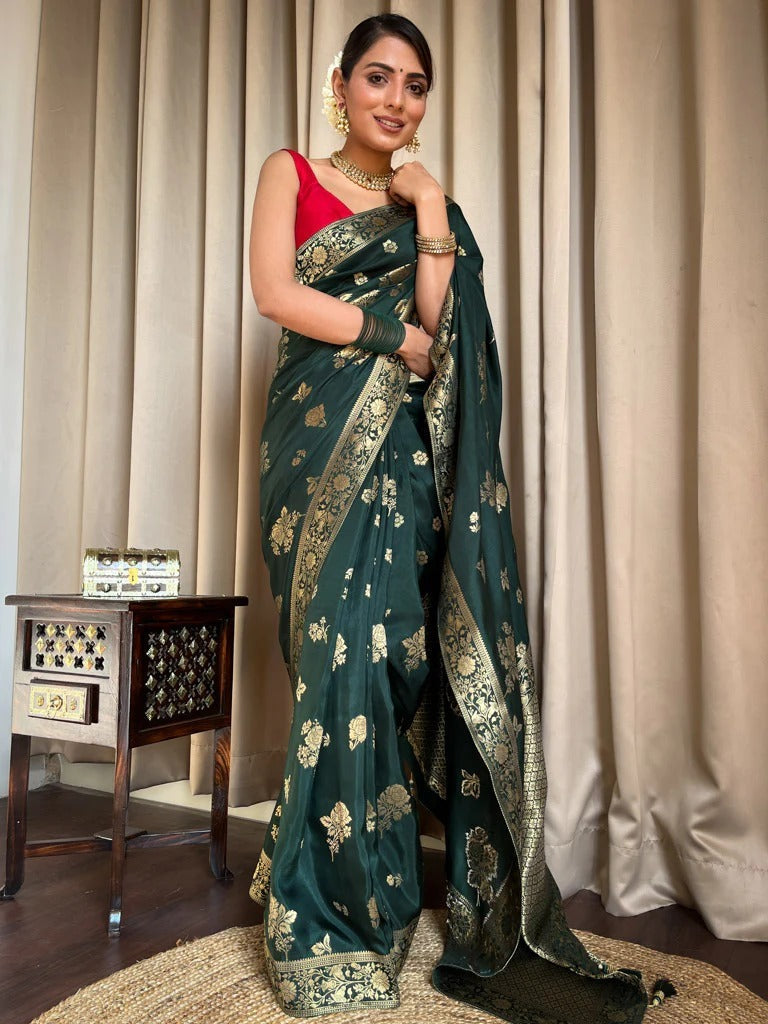 Ephemeral Dark Green Soft Silk Saree With Elegant Blouse Piece