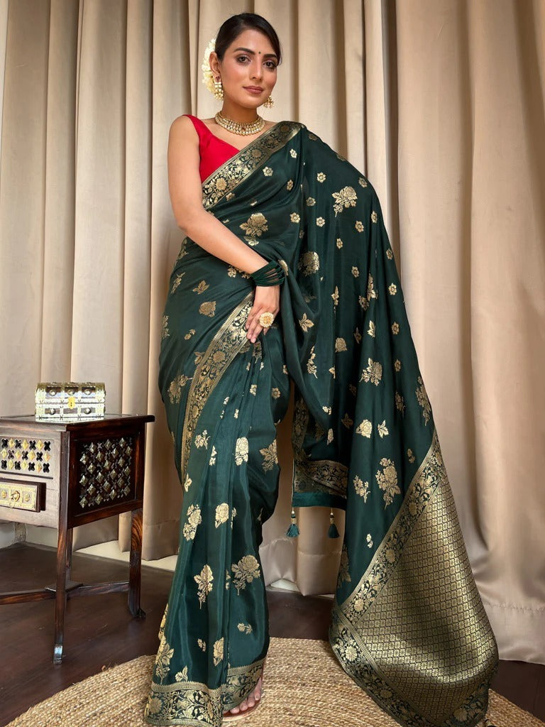 Ephemeral Dark Green Soft Silk Saree With Elegant Blouse Piece