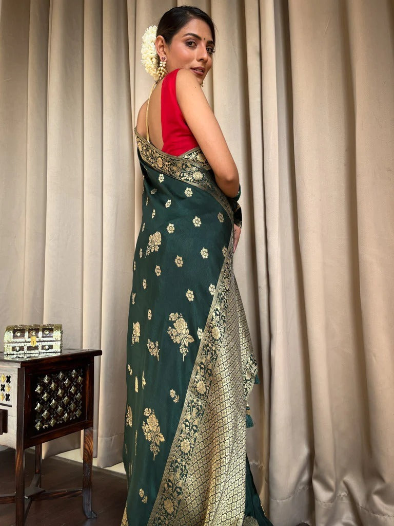 Ephemeral Dark Green Soft Silk Saree With Elegant Blouse Piece