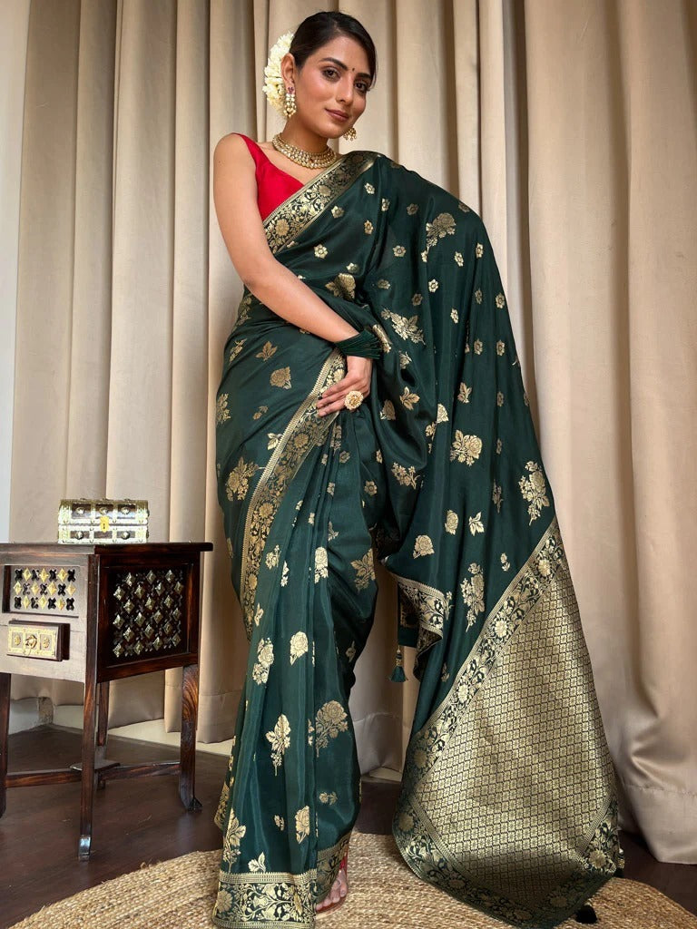 Ephemeral Dark Green Soft Silk Saree With Elegant Blouse Piece