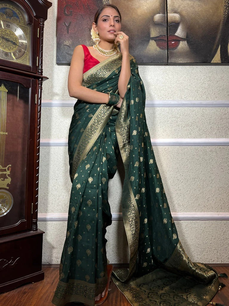 Gossamer Dark Green Soft Silk Saree With Sensational Blouse Piece