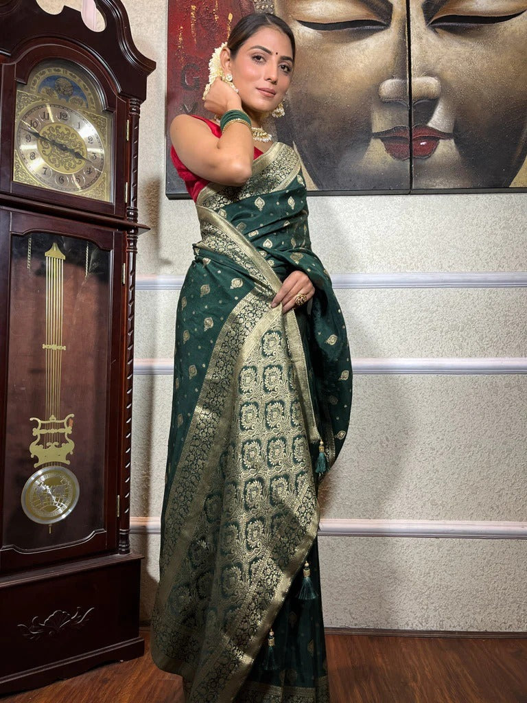 Gossamer Dark Green Soft Silk Saree With Sensational Blouse Piece