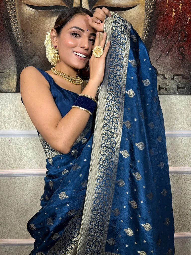 Lagniappe Navy Blue Soft Silk Saree With Bewitching Blouse Piece