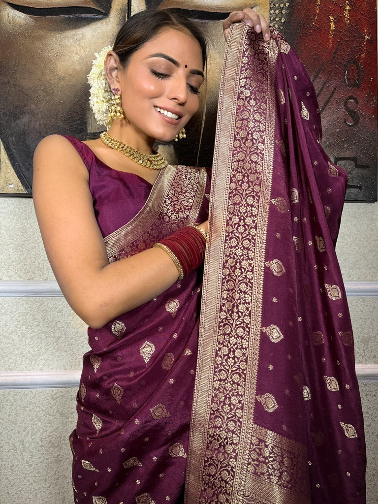 Lissome Wine Soft Silk Saree With Seraglio Blouse Piece
